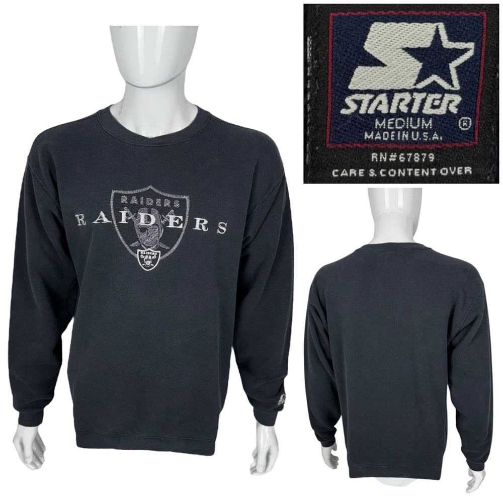 Raiders Starter Football Mens Medium Crewneck Sweatshirt Black Faded Vintage USA